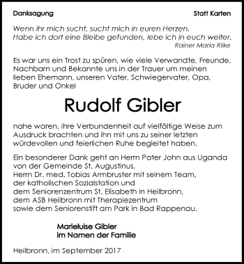 Traueranzeige von Rudolf Gibler 