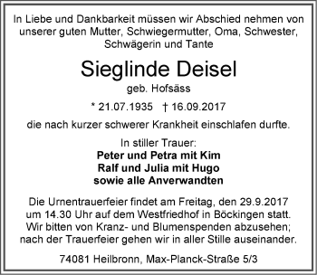 Traueranzeige von Sieglinde Deisel 