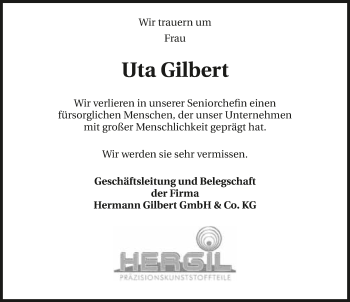 Traueranzeige von Uta Gilbert 