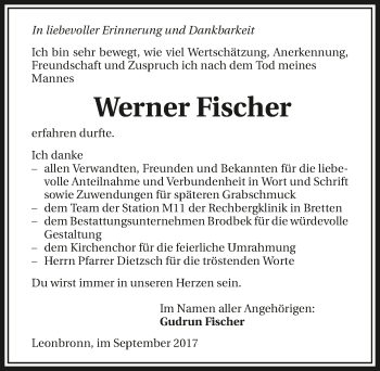 Traueranzeige von Werner Fischer 