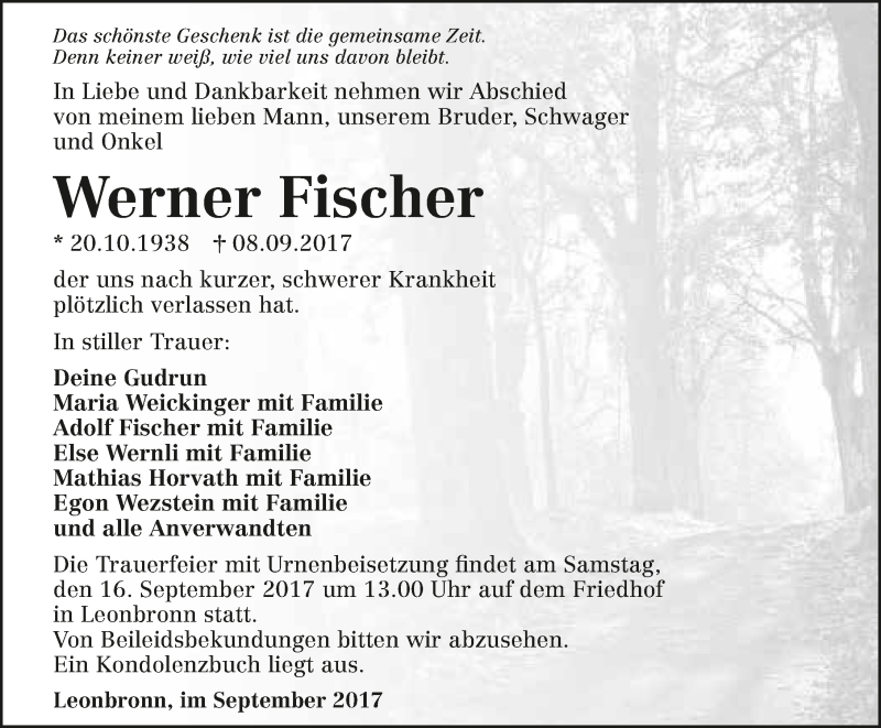  Traueranzeige für Werner Fischer vom 13.09.2017 aus 