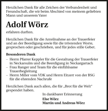 Traueranzeige von Adolf Wörz 