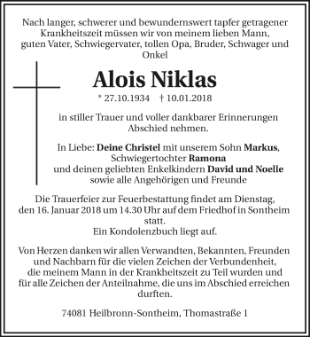 Traueranzeige von Alois Niklas 