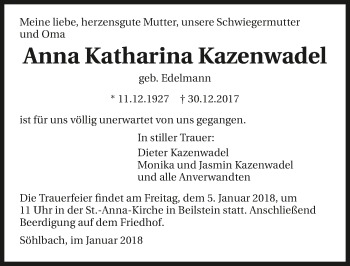 Traueranzeige von Anna Katharina Kazenwadel 