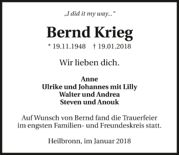 Traueranzeige von Bernd Krieg 