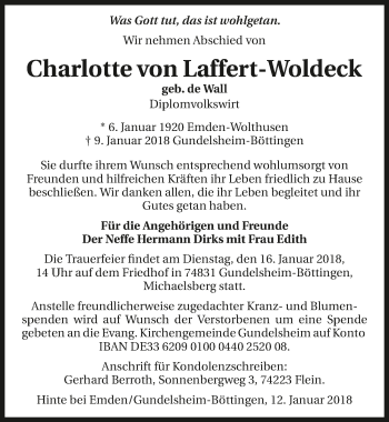 Traueranzeige von Charlotte von Laffert-Woldeck 