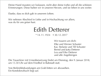 Traueranzeige von Edith Detterer 