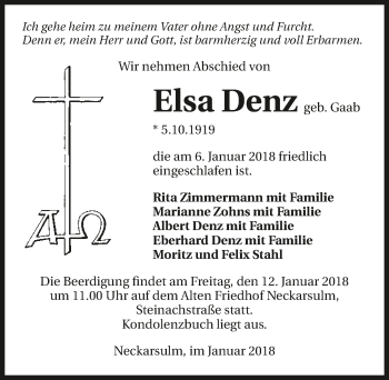 Traueranzeige von Elsa Denz 