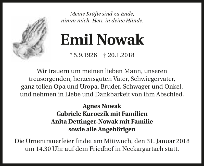  Traueranzeige für Emil Nowak vom 27.01.2018 aus 