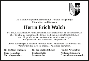 Traueranzeige von Erich Walch 