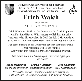 Traueranzeige von Erich Walch 