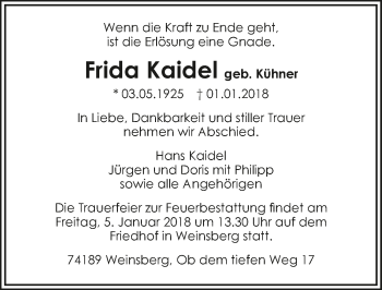 Traueranzeige von Frida Kaidel 