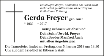 Traueranzeige von Gerda Freyer 
