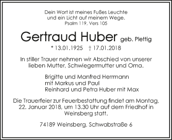 Traueranzeige von Gertraud Huber 