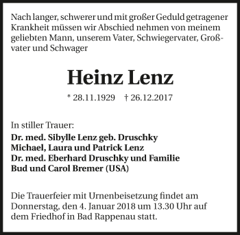 Traueranzeige von Heinz Lenz 