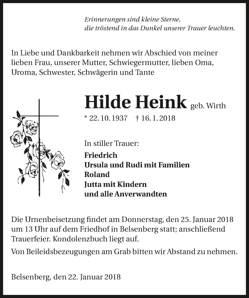  Traueranzeige für Hilde Heink vom 22.01.2018 aus 