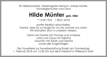 Traueranzeige von Hilde Münter 