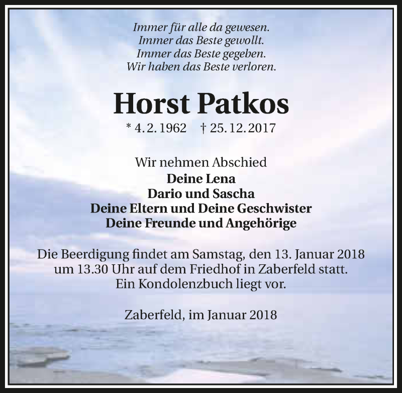  Traueranzeige für Horst Patkos vom 10.01.2018 aus 