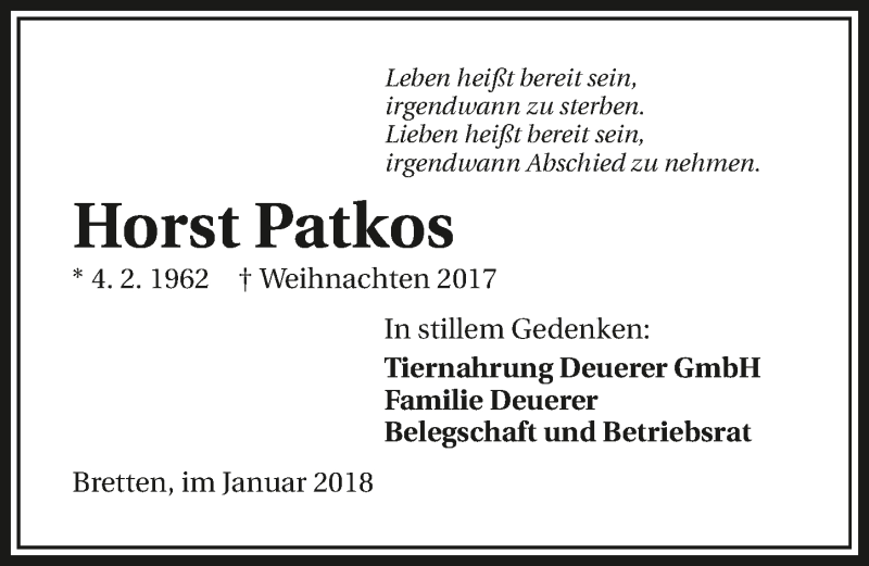  Traueranzeige für Horst Patkos vom 02.01.2018 aus 