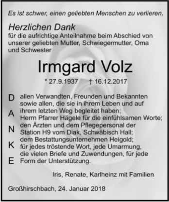 Traueranzeige von Irmgard Volz 