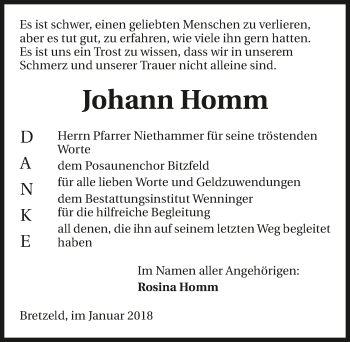 Traueranzeige von Johann Homm 
