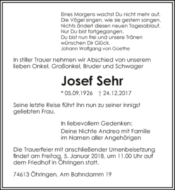 Traueranzeige von Josef Sehr 