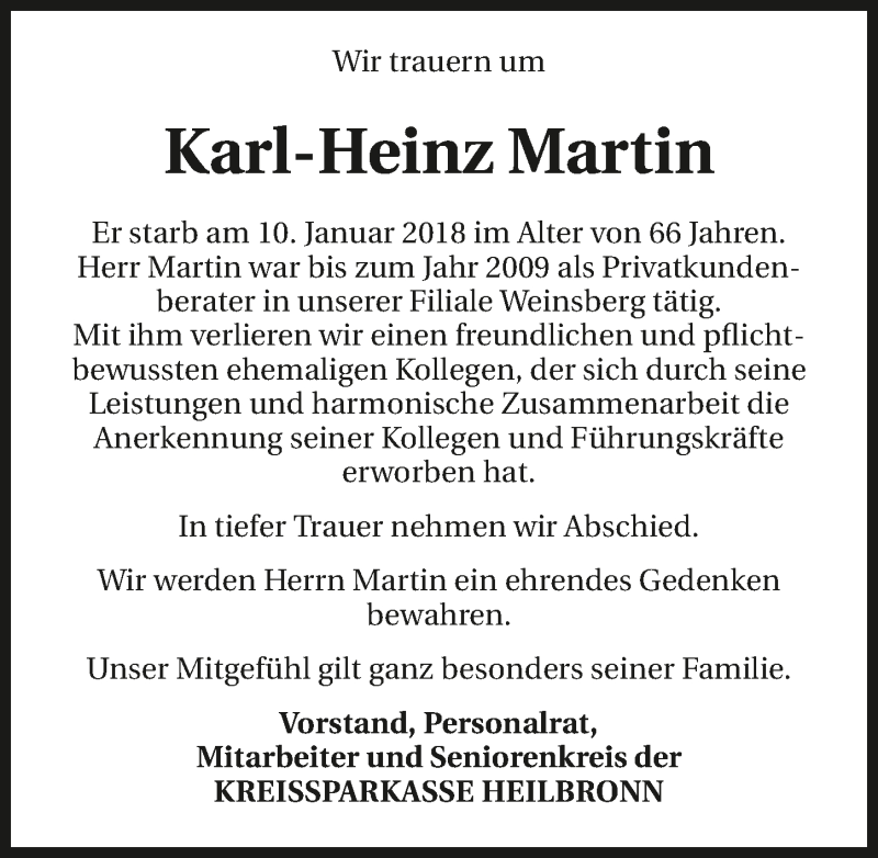  Traueranzeige für Karl-Heinz Martin vom 16.01.2018 aus 