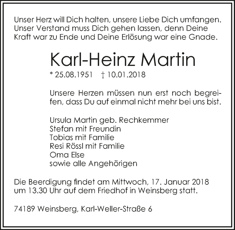  Traueranzeige für Karl-Heinz Martin vom 12.01.2018 aus 