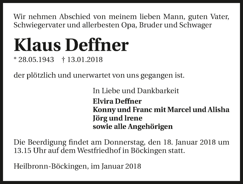  Traueranzeige für Klaus Deffner vom 16.01.2018 aus 