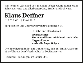 Traueranzeige von Klaus Deffner 