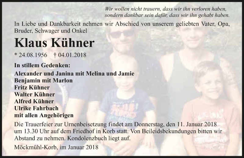  Traueranzeige für Klaus Kühner vom 05.01.2018 aus 