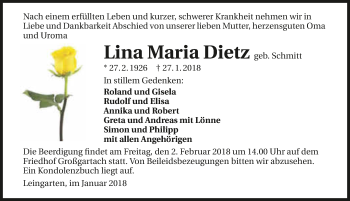 Traueranzeige von Lina Maria Dietz 