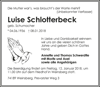 Traueranzeige von Luise Schlotterbeck 