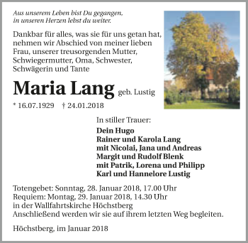 Traueranzeige von Maria Lang 