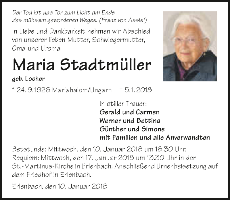  Traueranzeige für Maria Stadtmüller vom 10.01.2018 aus 