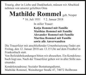 Traueranzeige von Mathilde Rommel 
