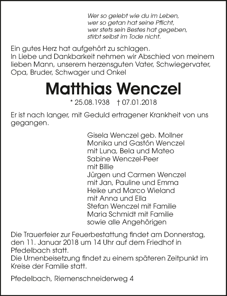  Traueranzeige für Matthias Wenczel vom 09.01.2018 aus 