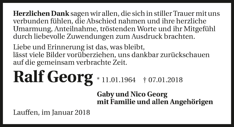  Traueranzeige für Ralf Georg vom 27.01.2018 aus 