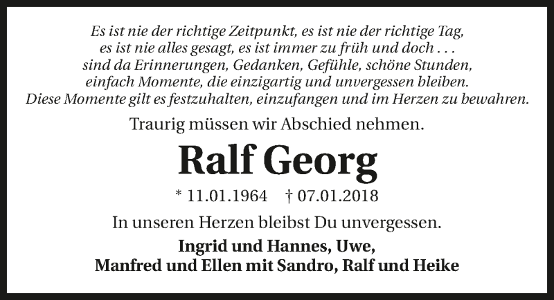  Traueranzeige für Ralf Georg vom 16.01.2018 aus 