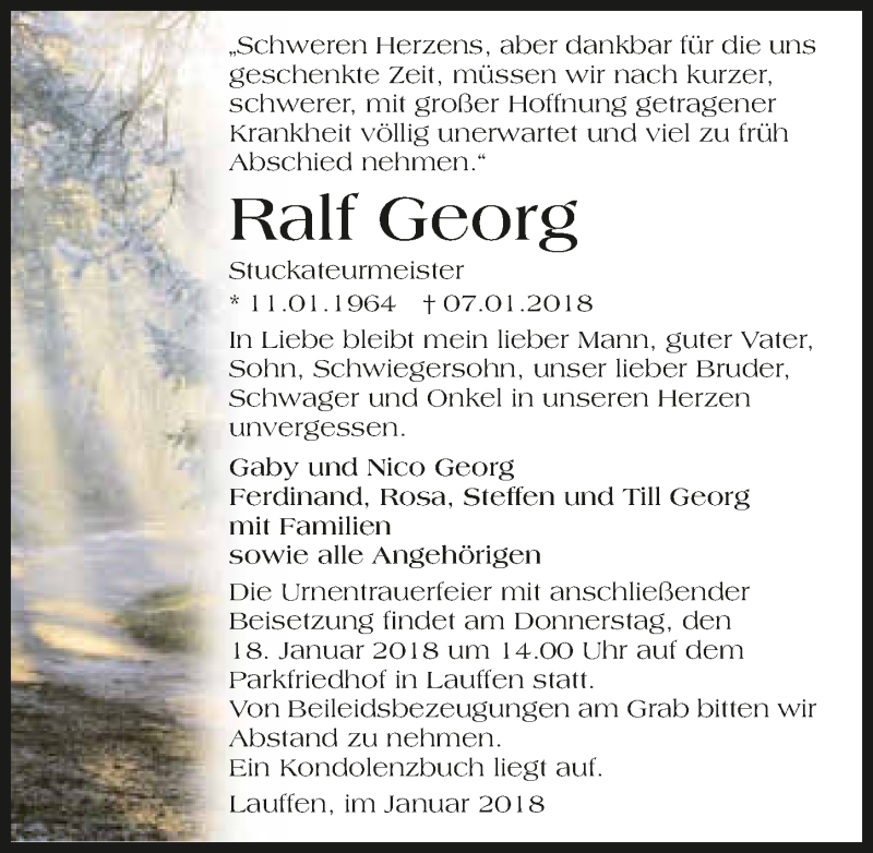  Traueranzeige für Ralf Georg vom 13.01.2018 aus 
