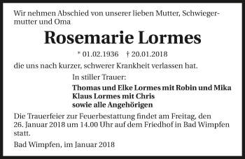 Traueranzeige von Rosemarie Lormes 