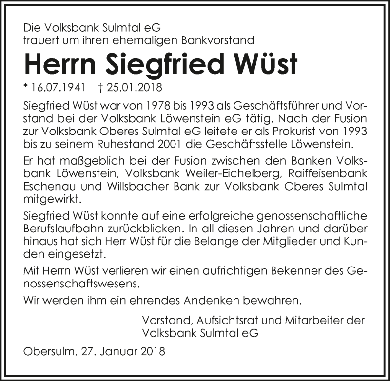  Traueranzeige für Siegfried Wüst vom 27.01.2018 aus 