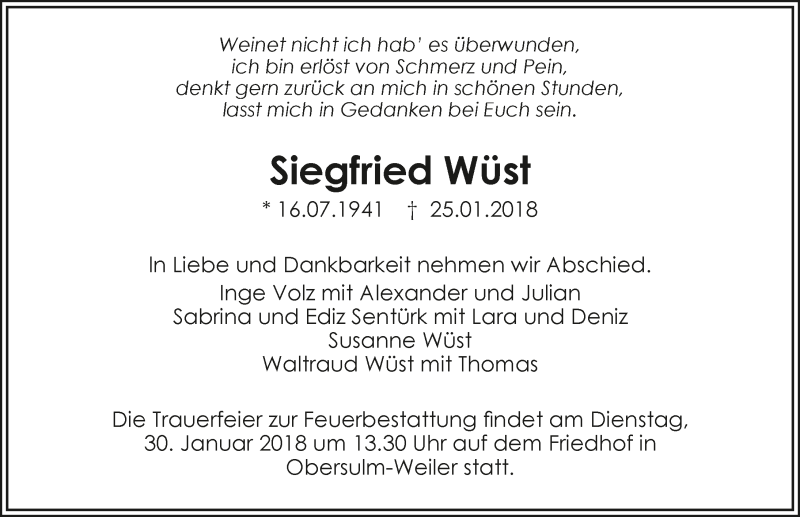  Traueranzeige für Siegfried Wüst vom 27.01.2018 aus 