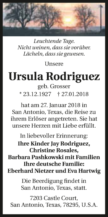 Traueranzeige von Ursula Rodriguez 