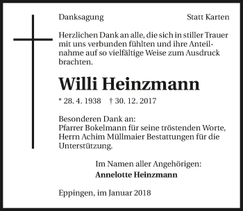 Traueranzeige von Willi Heinzmann 