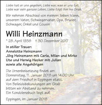 Traueranzeige von Willi Heinzmann 