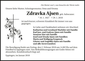 Traueranzeige von Zdravka Ajsen 