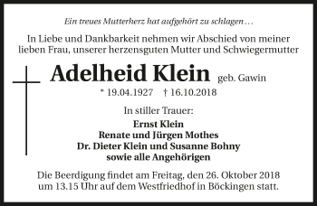 Traueranzeige von Adelheid Klein 