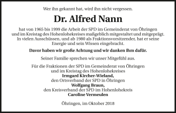 Traueranzeige von Alfred Nann 