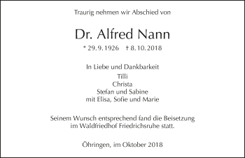 Traueranzeige von Alfred Nann 